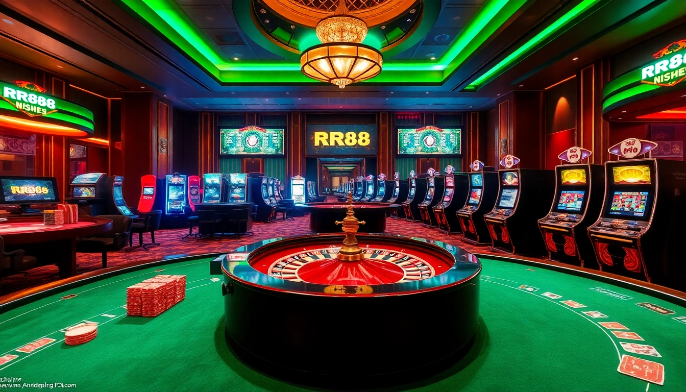 Experience the excitement of RR88 with stunning casino visuals, showcasing vibrant tables and thrilling games.