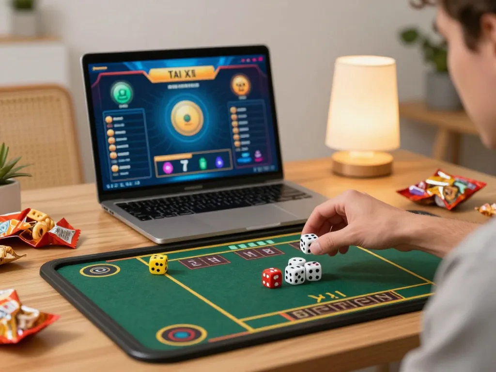Engage in tai xiu online gameplay as dice roll dynamically on a laptop screen in a cozy home setting.