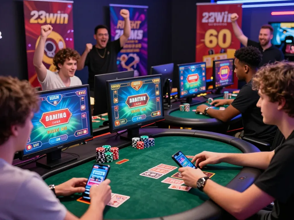 Players immersed in virtual casino games at 23win with colorful screens and promotion banners.