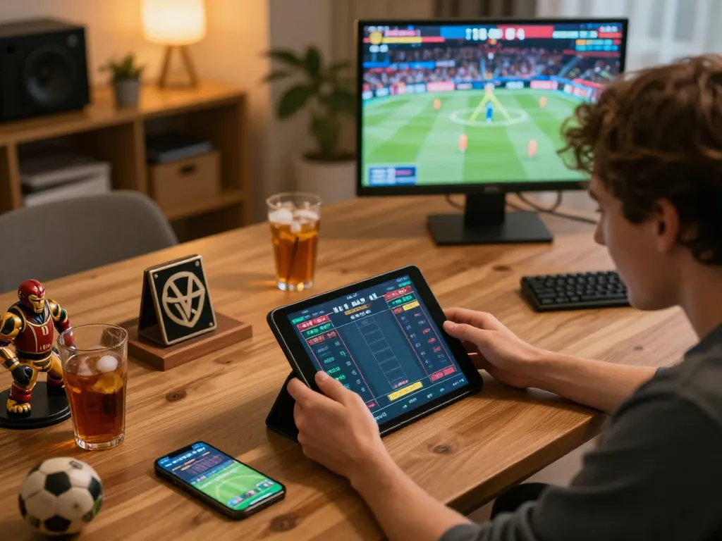 F168 online sports betting setup with a person placing wagers on a tablet in a cozy atmosphere.