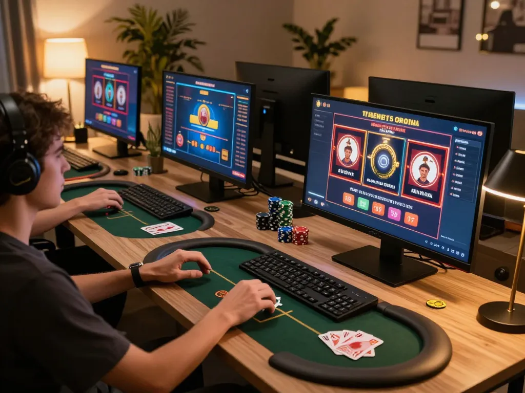 Engaging online gaming setup with 789win interface featuring poker and slot games, showcasing excitement of gameplay