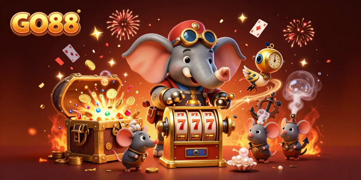 Experience GO88's thrilling slot adventures with a steampunk elephant amidst exploding treasure and vivid gameplay.