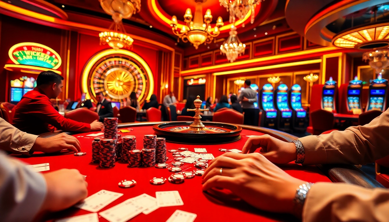 NK88 players placing bets at an exciting poker table in a luxury casino setting.