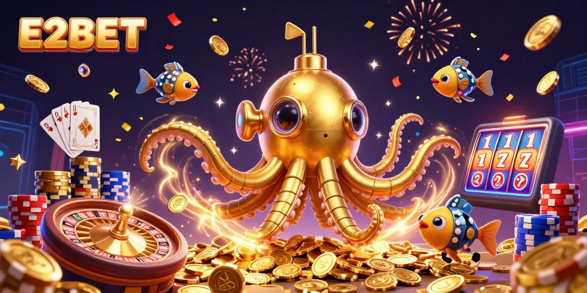 E2BET unleashes thrilling casino action with a golden kraken submarine amid sparkling treasures.