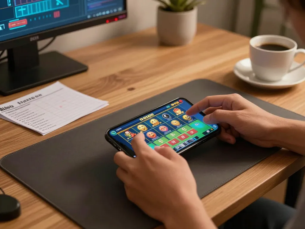 Nohu slot game mobile interaction with a person engaged in betting from home setup.