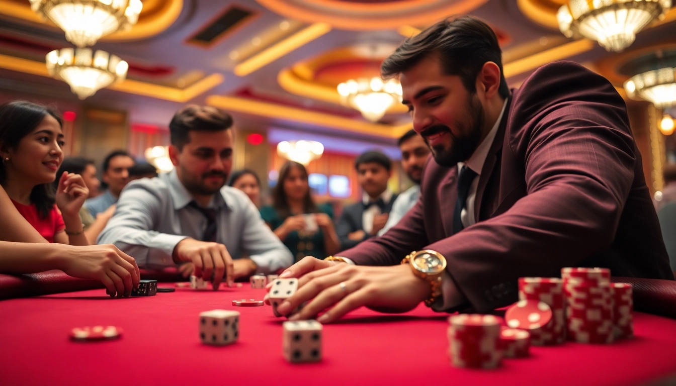 Xóc đĩa online players engaging at a lively casino table with colorful chips.
