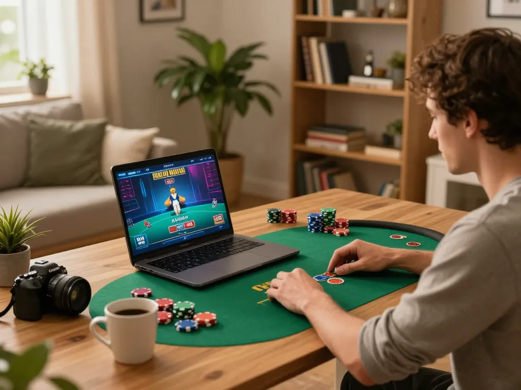 Engaged player using ok365 for online poker at home, with chips and strategy notes visible