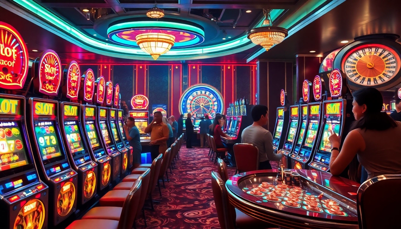 Players engaging with vibrant slot gacor machines in a luxurious casino environment, highlighting excitement and joy.