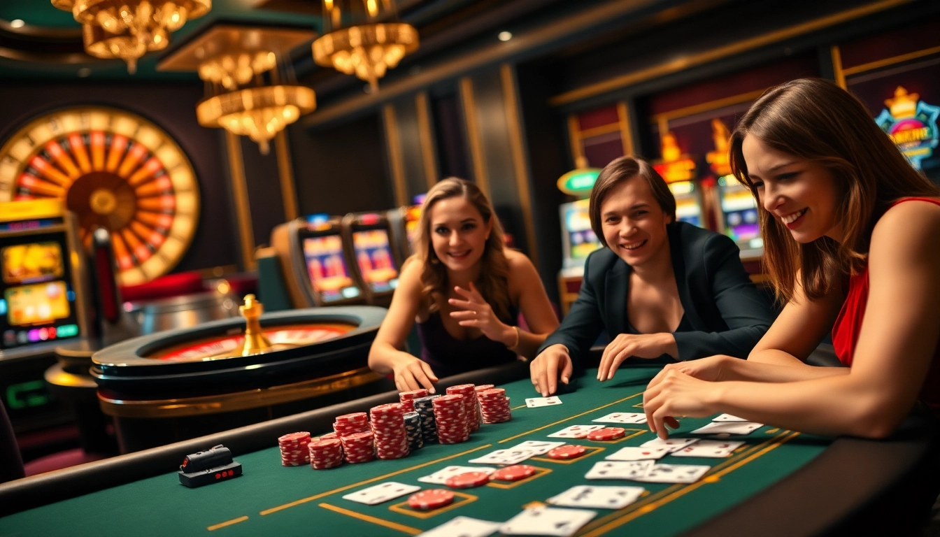 Players enjoying a dynamic game at the F168 casino table, surrounded by vibrant slot machines.