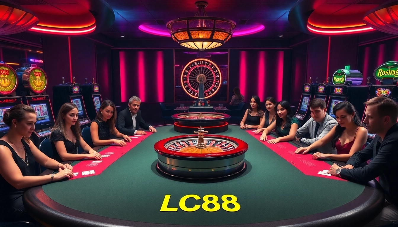 Experience an exciting game table at LC88 casino featuring poker chips and cards.