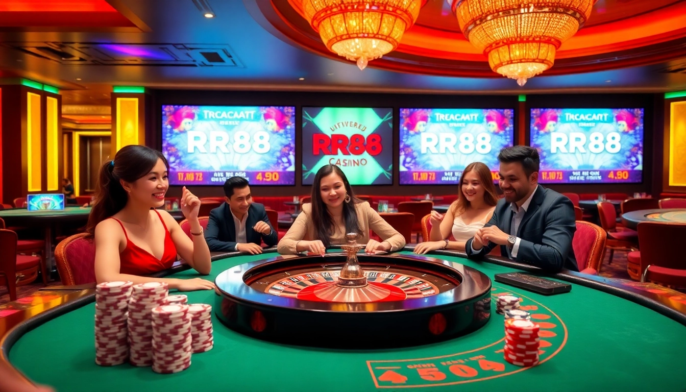 Players celebrating a win at RR88's Baccarat table in a luxurious casino setting.