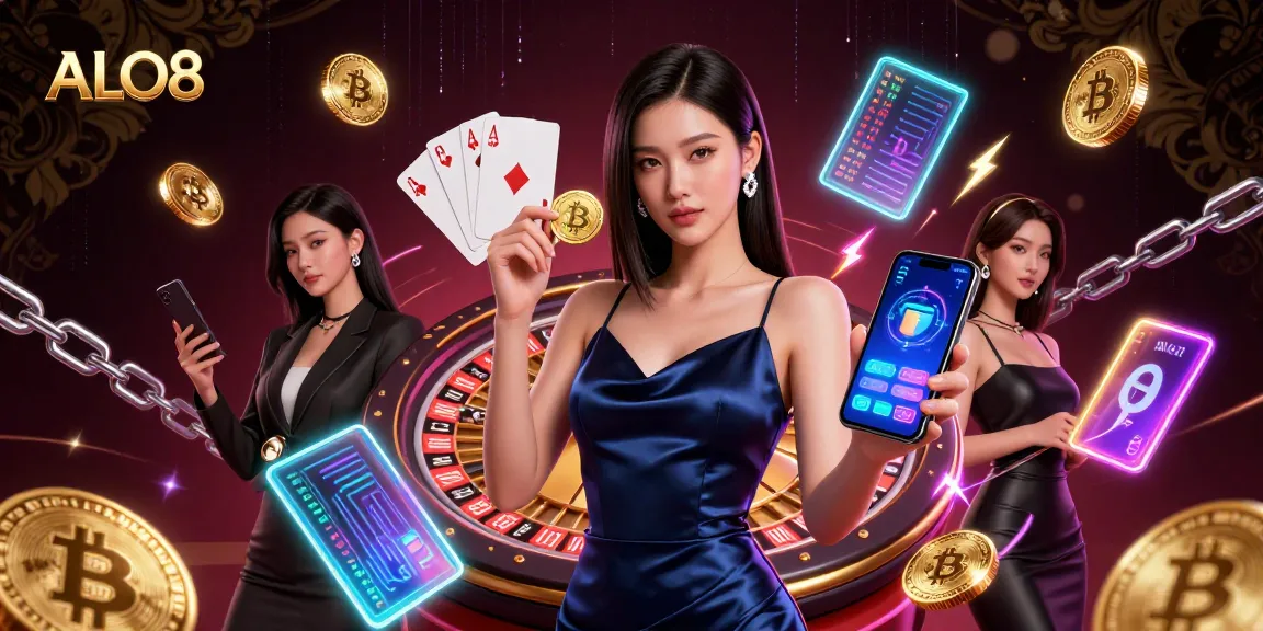 Engage in thrilling gameplay with ALO8, featuring an Asian woman in elegant attire showcasing casino elements and cryptocurrencies.