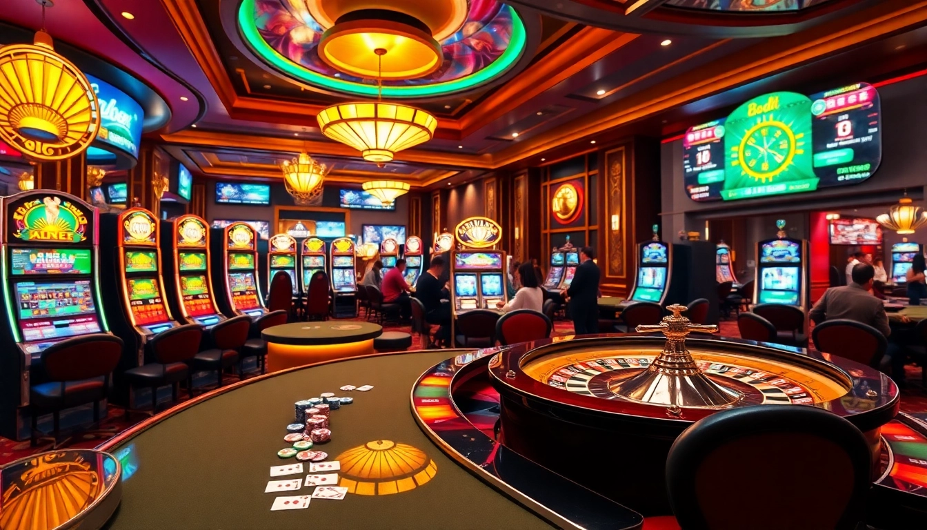 Experience the thrill of i9bet with vibrant slot machines and poker tables in a luxurious casino setting.