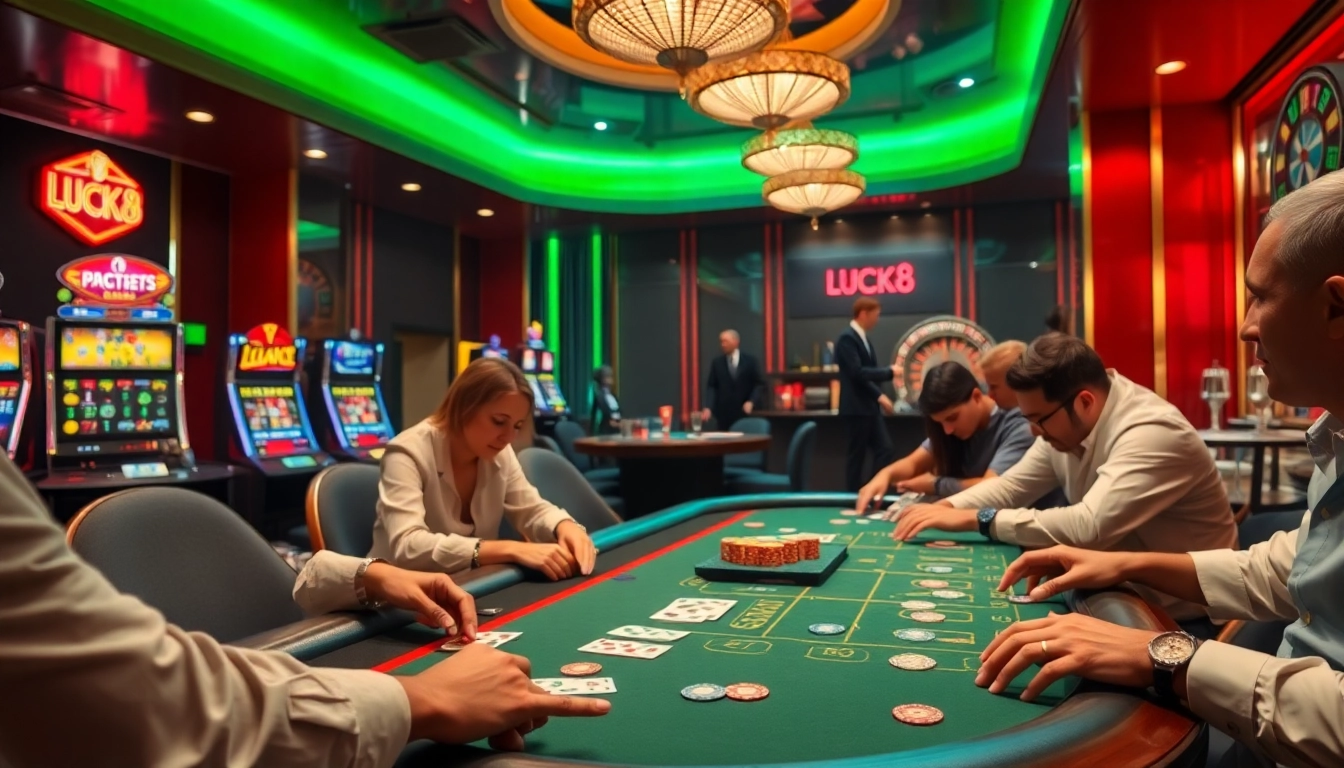 Experience high-stakes gambling action with LUCK8 at a vibrant casino, highlighting poker and slot games.