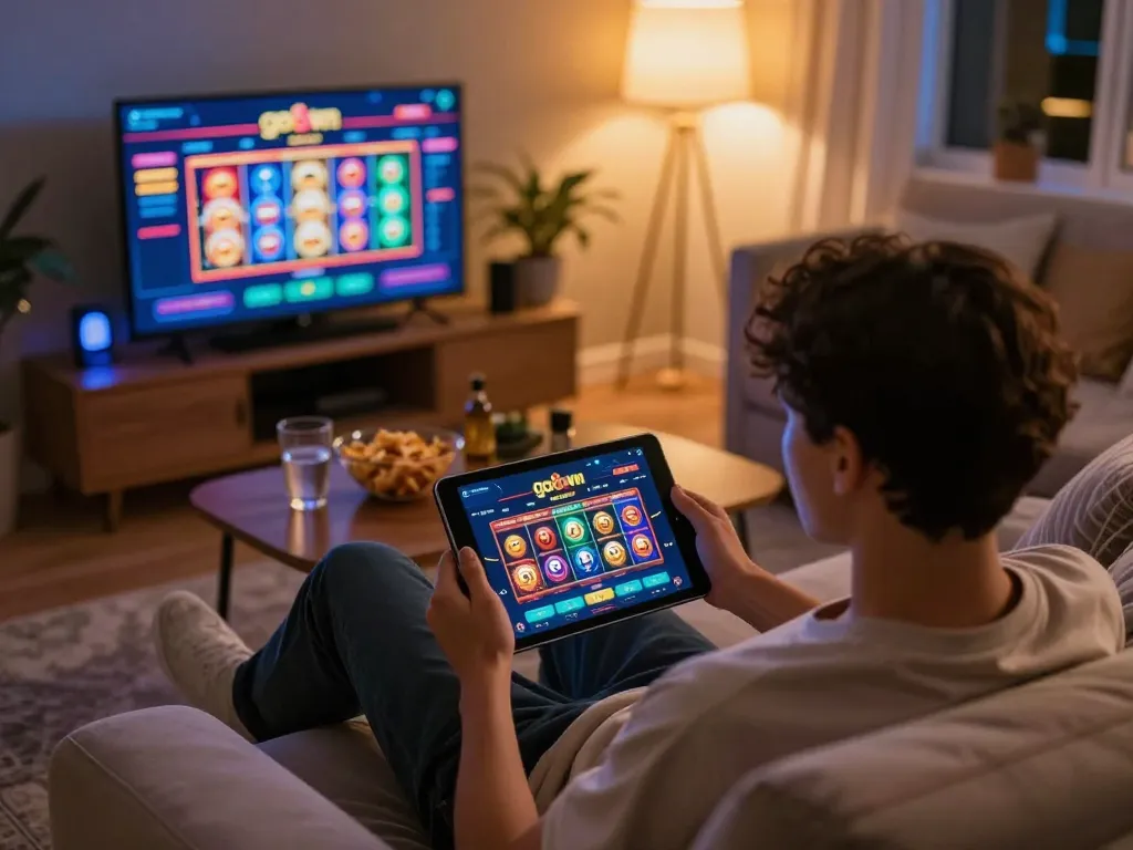 Player enjoying go86vn casino on tablet, showcasing exciting gaming interface in cozy home setting.