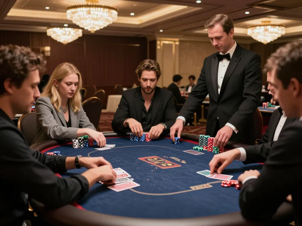 Watch players engage in strategic poker gameplay at 33WIN Casino, showcasing a luxurious atmosphere