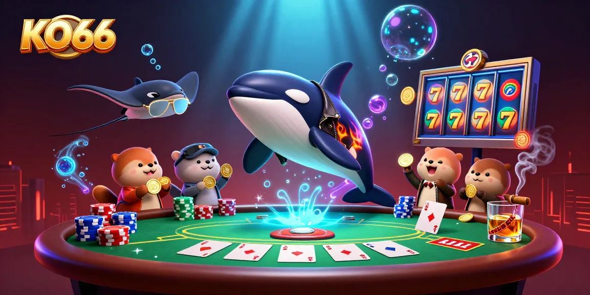 Play exciting casino games at KO66 with animated characters celebrating winning moments amidst vibrant visuals.