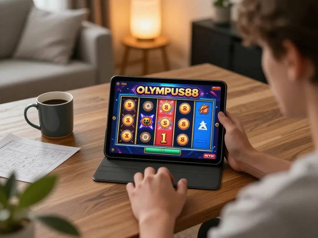 Engaging in OLYMPUS88 online slot game on a tablet in a cozy home setting.