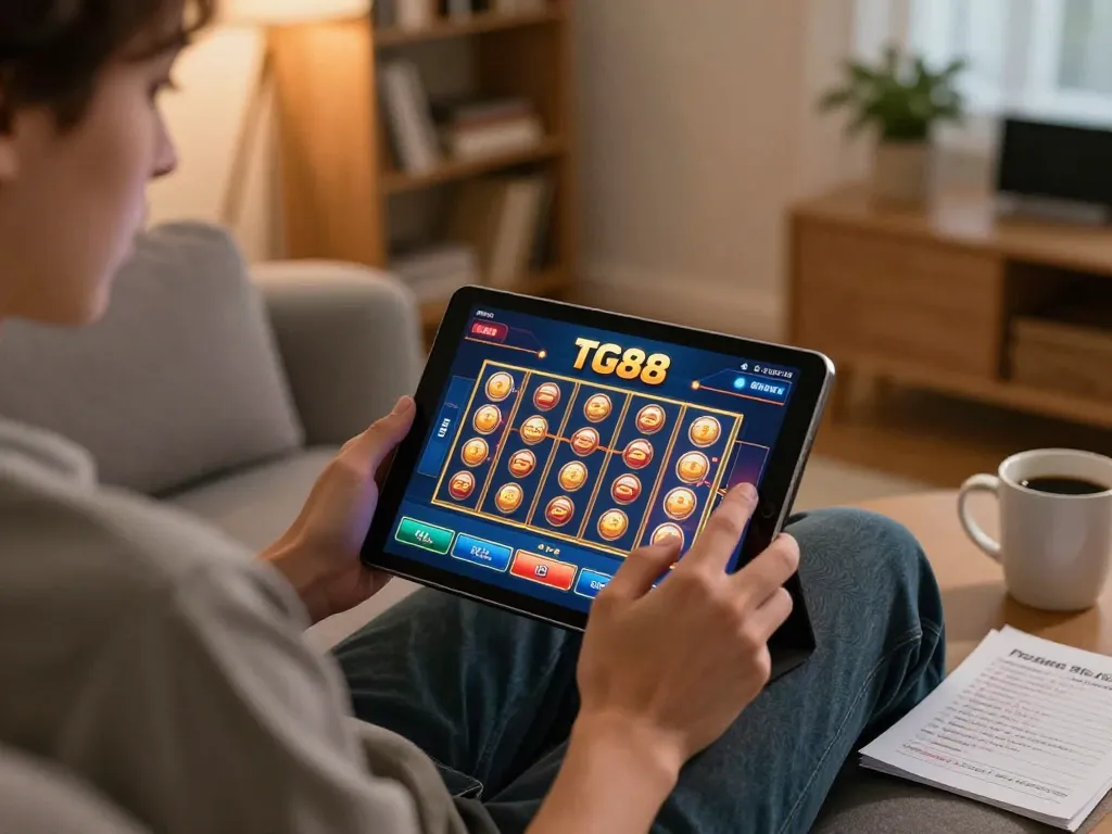 Engaged player using the TG88 app on a tablet for mobile casino gaming, surrounded by notes and a cozy atmosphere.