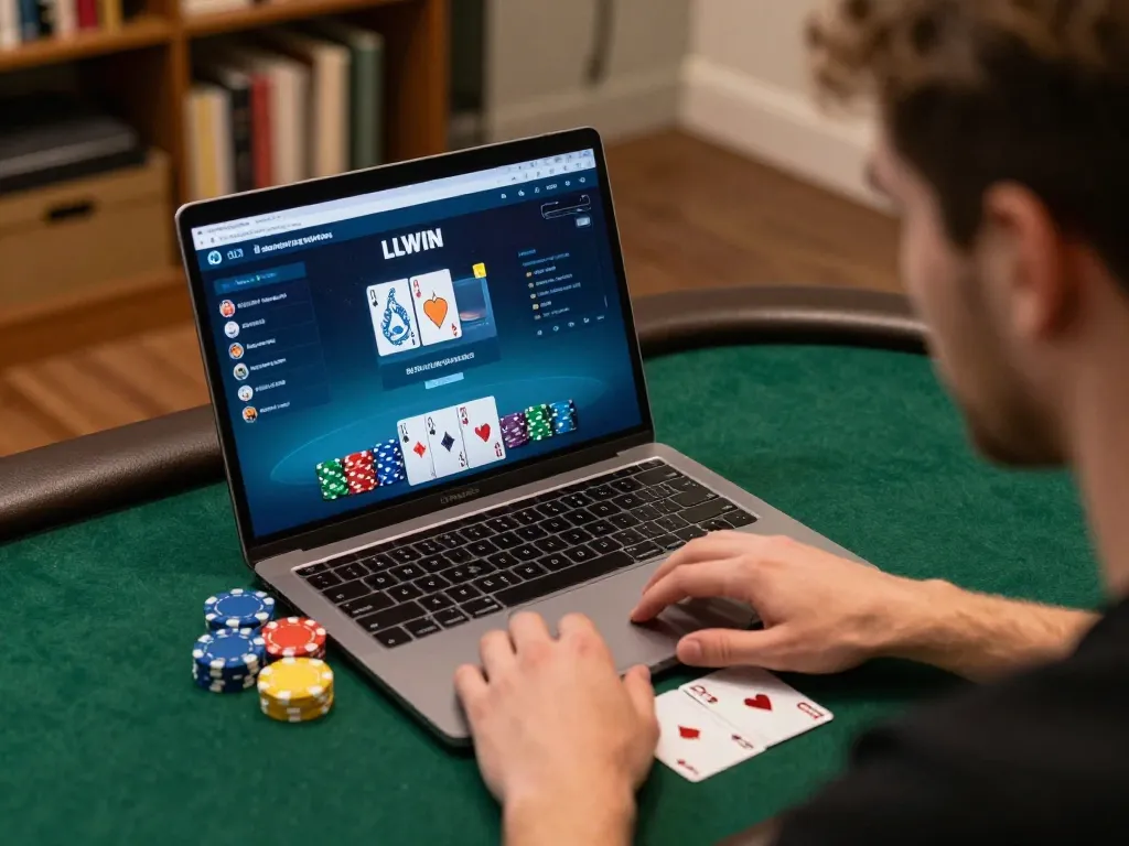 Player engaging in LLWIN online poker strategy during a cozy home gaming session