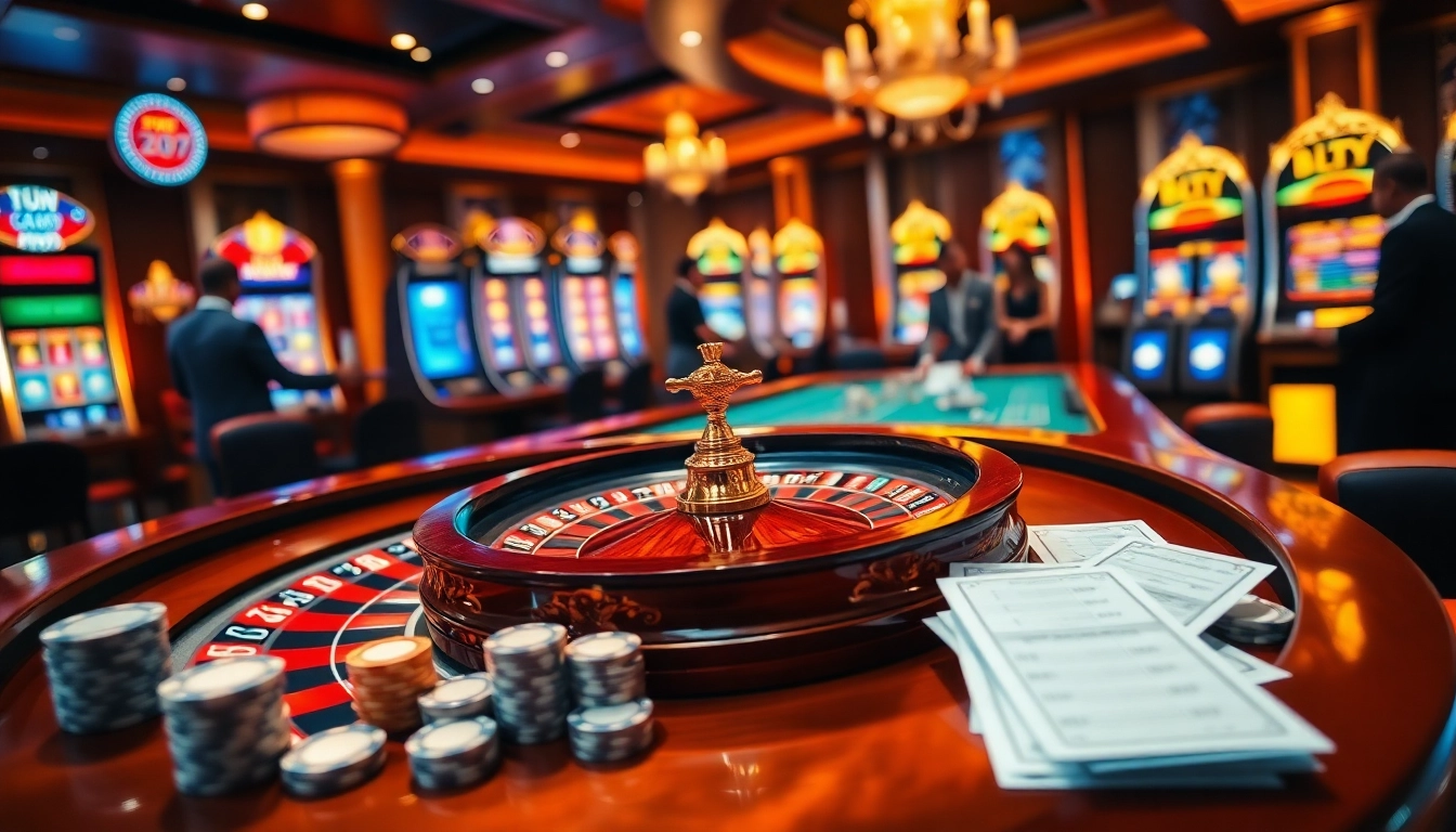 Experience exciting gaming at fun79 with vibrant casino tables, poker chips, and jackpot slots.