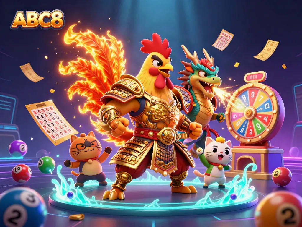 Engage in thrilling action with ABC8's vibrant casino elements and dynamic characters in this exciting illustration.