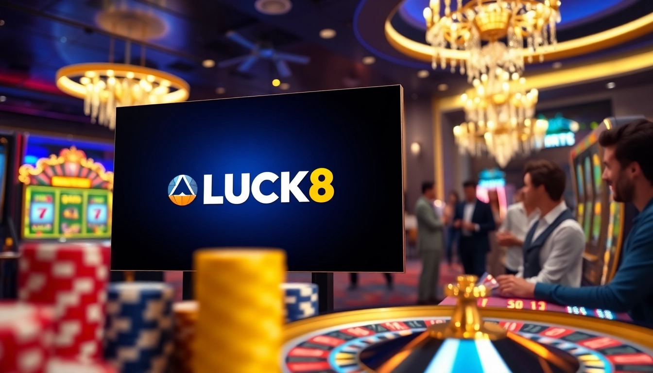 Experience the excitement of LUCK8 with vibrant casino visuals showcasing games and betting.