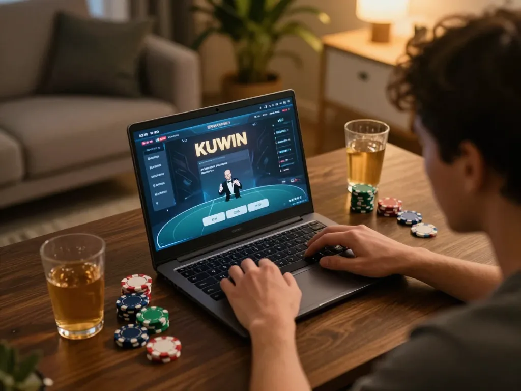 Kuwin player engaging in online poker at home, showcasing strategic gameplay and a cozy atmosphere.