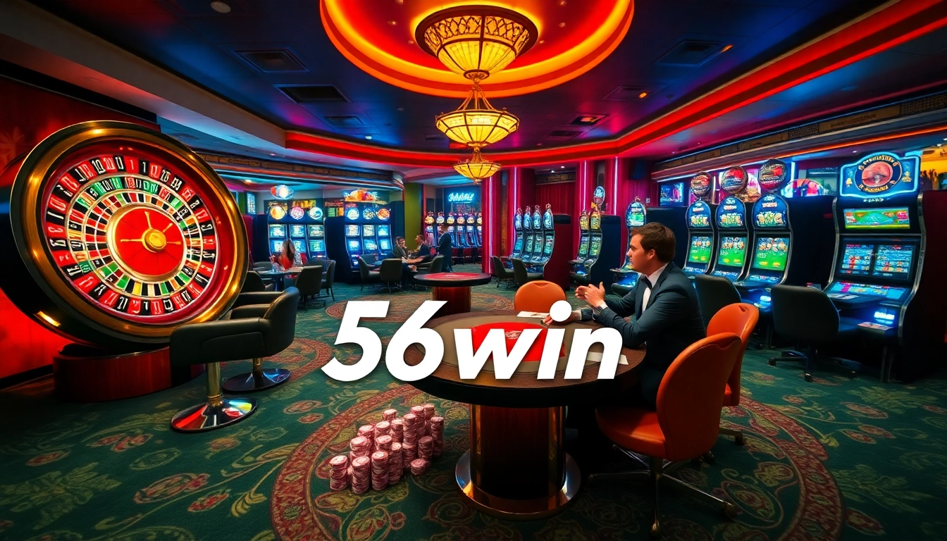 Experience the thrill of gaming at 56win's luxury casino with vibrant elements.