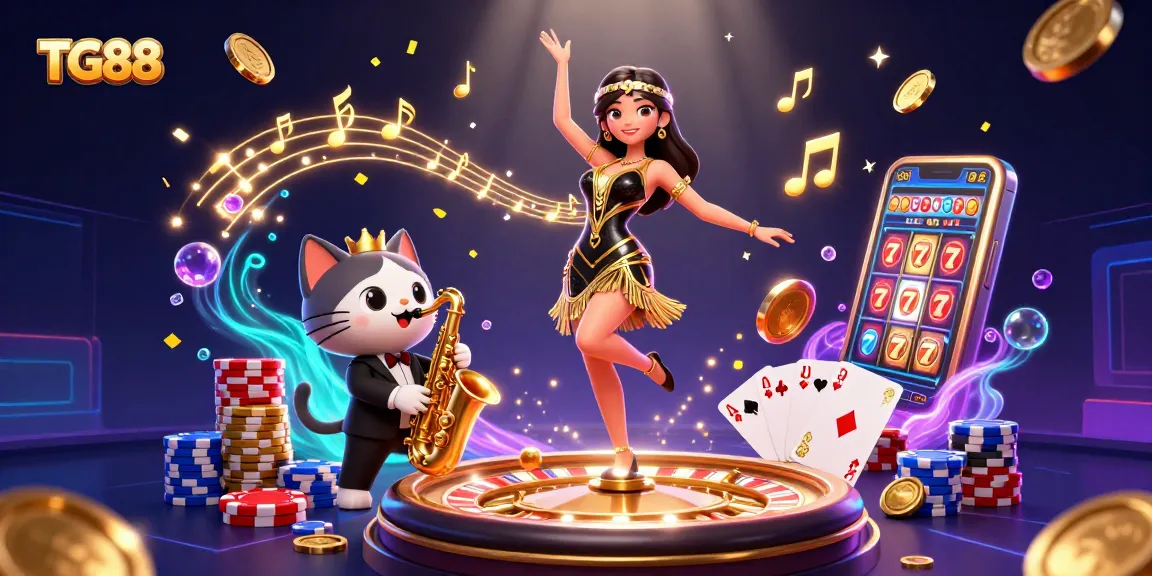 Experience the excitement of TG88 with vibrant casino-themed illustration featuring games and characters.