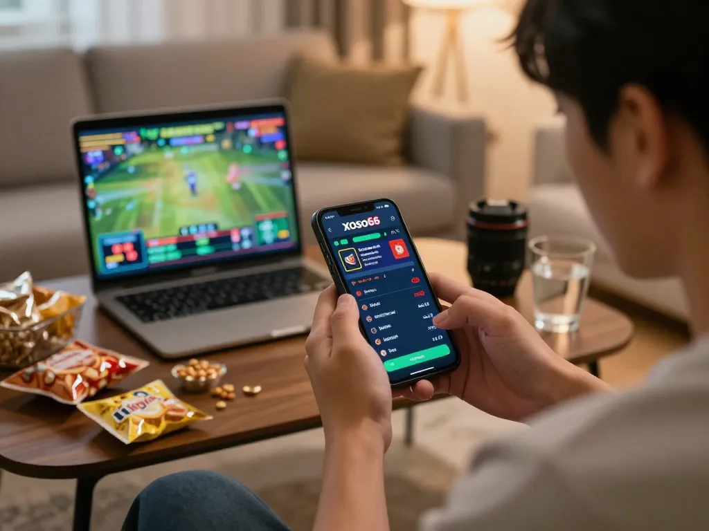 Xoso66 user engaging with smartphone for online betting, showcasing exciting gambling experience in a cozy environment.