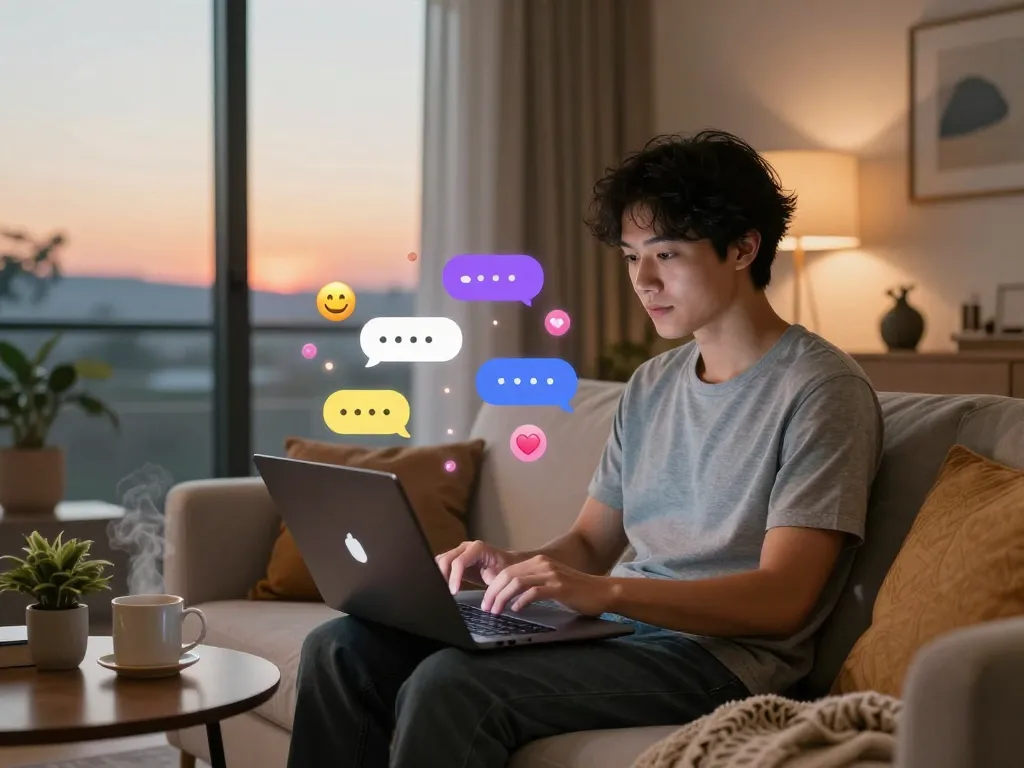 Engaging in an AI sex chat in a cozy living room, showcasing modern digital connection.