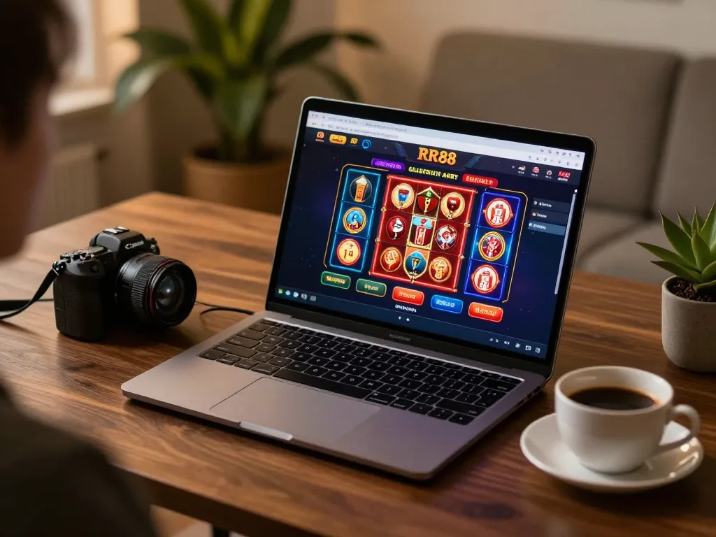 Player enjoying RR88 online casino experience using a laptop in a cozy, well-lit home environment.