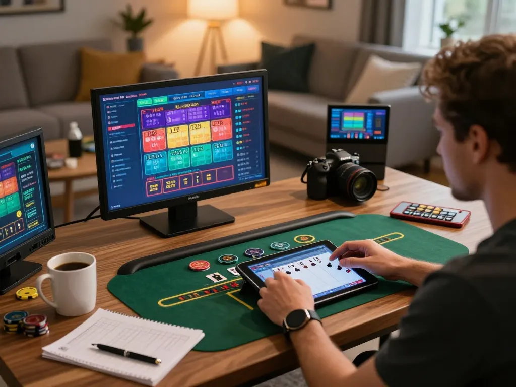 Engaging in online blackjack at O8 with a cozy home gaming setup.