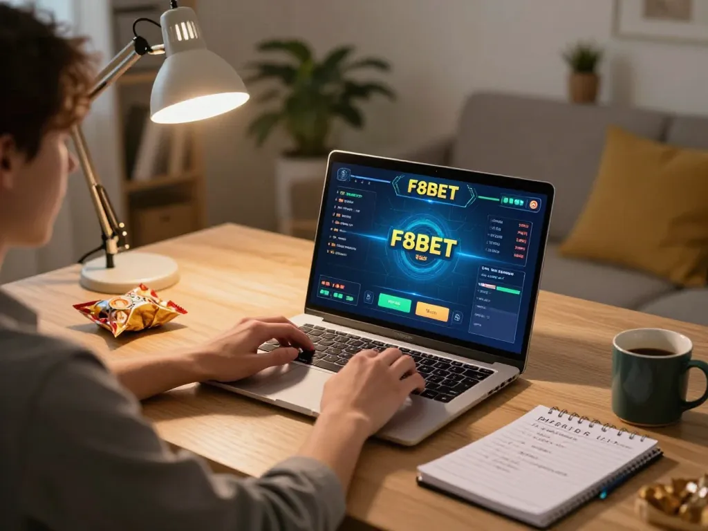 Engaging in online gambling on F8BET through a laptop at home with a cozy setup.