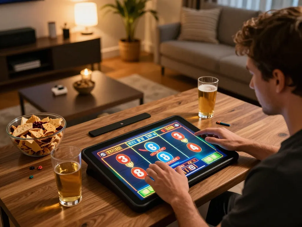 Player enjoying slot games on LC88 tablet in cozy home setting
