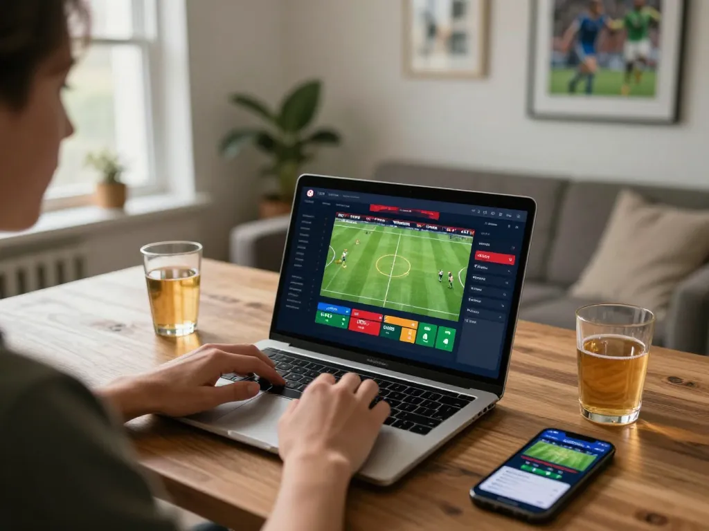 Socolive user engaging in online betting with soccer odds display, cozy home setup