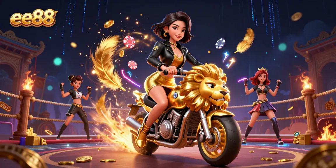 Bet on ee88 with a glamorous Asian woman riding a golden lion amidst vibrant casino elements.