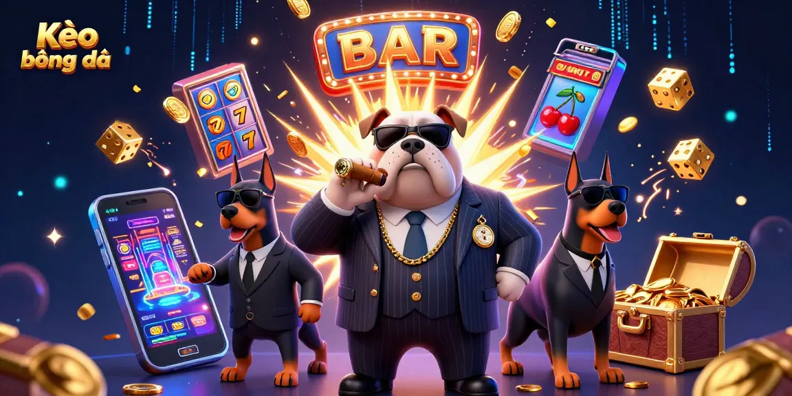 Experience thrilling Kèo bóng đá action with a cartoon mafia boss and Doberman bodyguards among a vibrant casino scene.