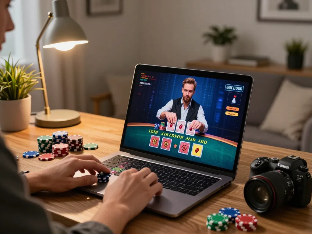 Experience thrilling gameplay at 789win with live dealer blackjack in a stylish home office setup.