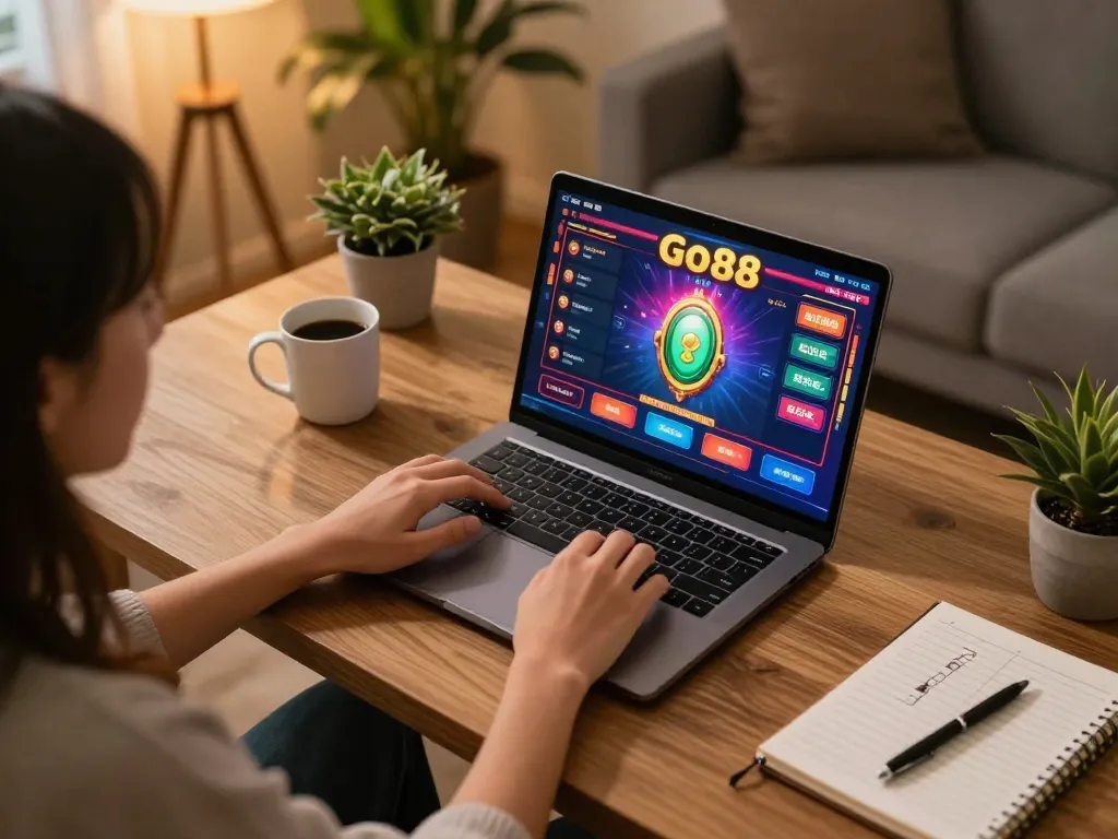 Engaged player enjoying Go88 slot game on a laptop in a warm home office setting.