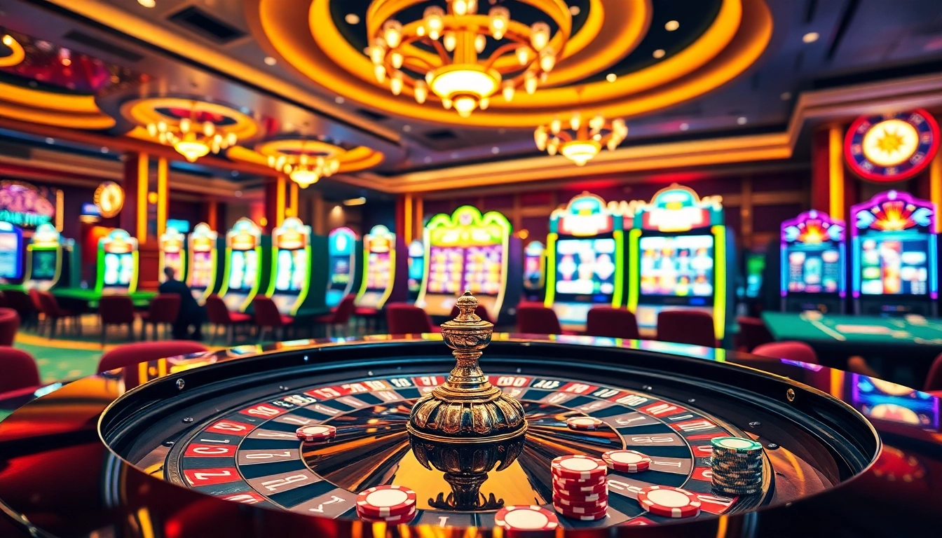 Experience thrilling gameplay at https://tr88.work/ with vibrant casino scenes featuring roulette tables and slot machines.