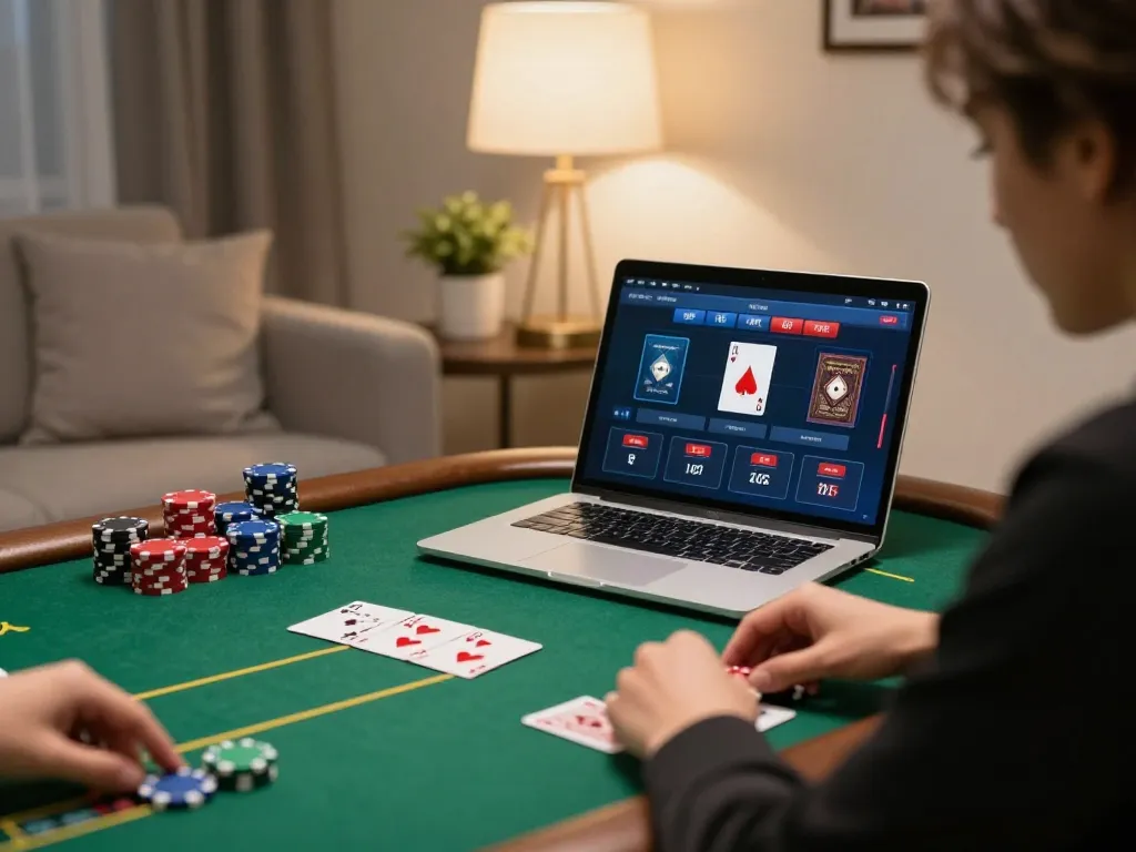 Player enjoys immersive online poker experience with Au88 casino setup at home.