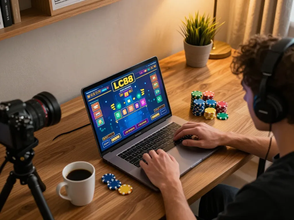 Player enjoying online casino games at LC88 with vibrant interface and cozy home setting