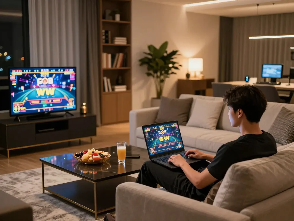 Player exploring WW88 casino games from a comfortable home setup with snacks and drinks