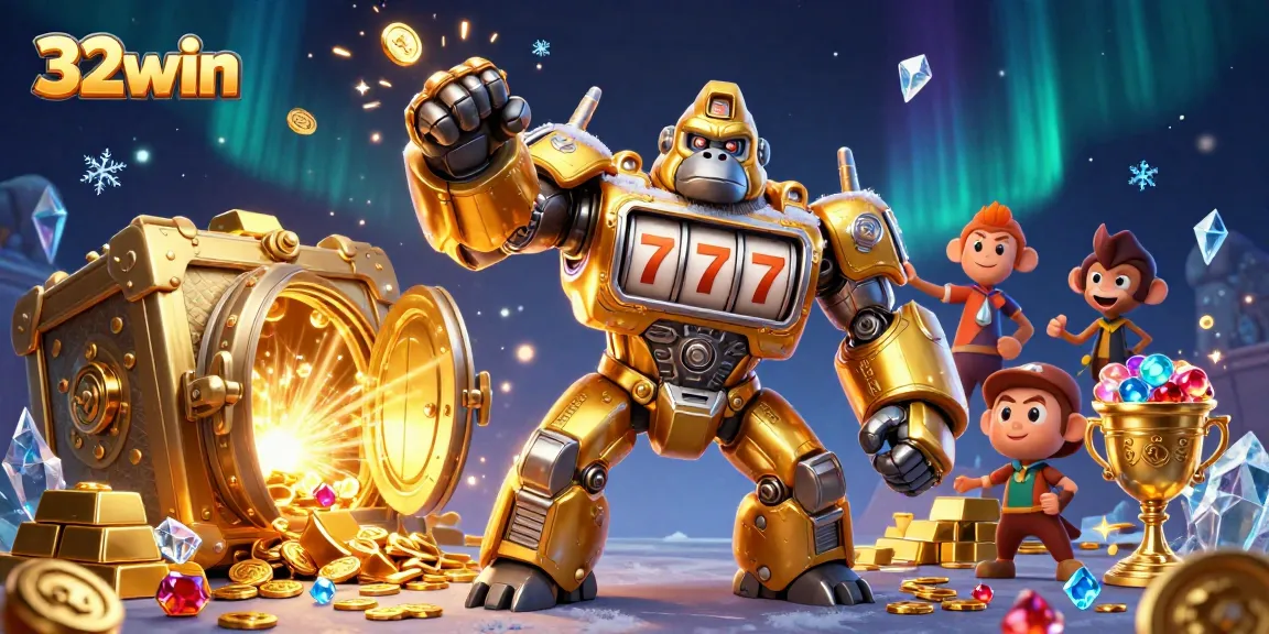 Experience thrilling wins with 32win's dynamic golden gorilla mech and treasure-filled slot scene.