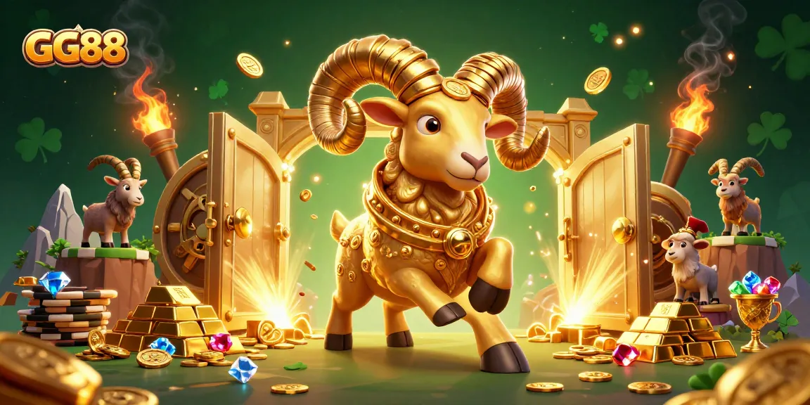Experience thrilling moments with GG88 as a golden ram charges through a treasure vault in a festive casino atmosphere.