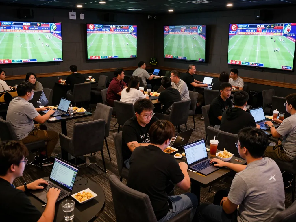 Fans excitedly placing bets at LC88 sports betting lounge during live matchups, showcasing energy and community engagement.