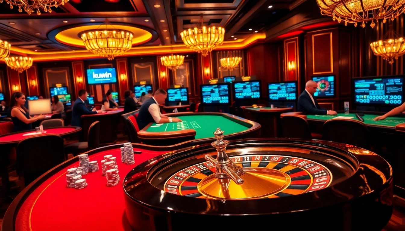 Engaging scene of players enjoying a luxurious casino environment with kuwin, showcasing professional dealers and glowing roulette wheel.
