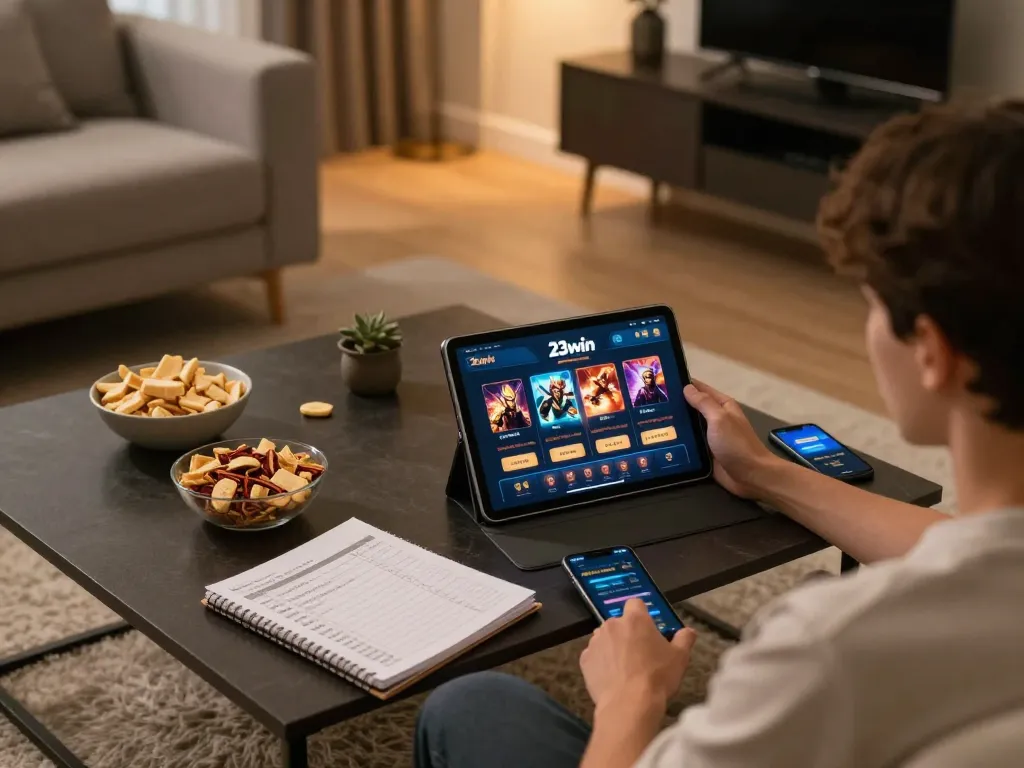 Player enjoying online casino action on 23win tablet with cozy home atmosphere.